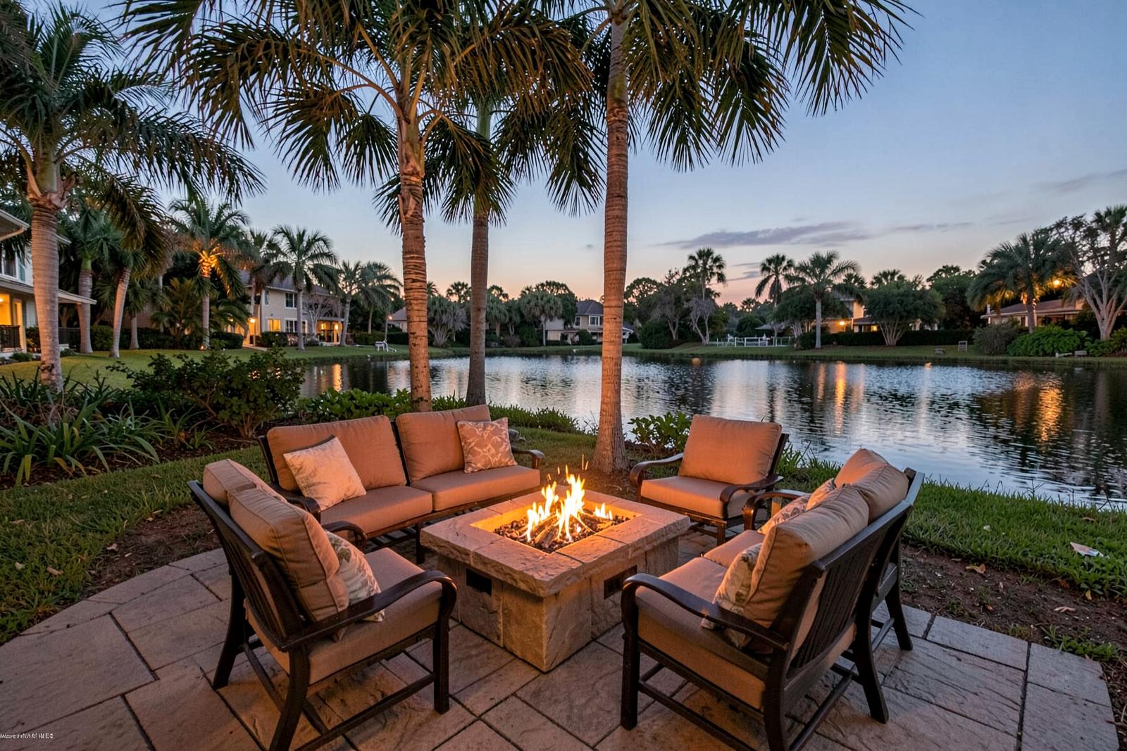 Adirondack chairs around a fire pit overlooking the canal and dock