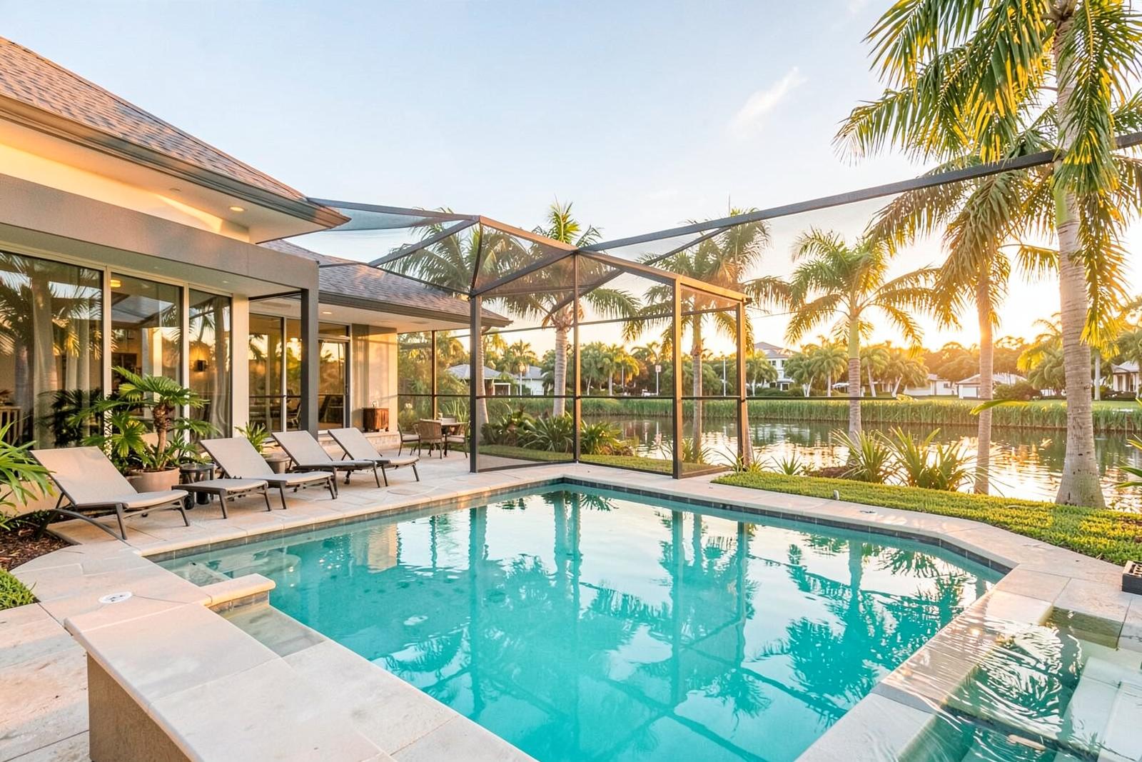 Coral Vibes heated pool and patio at the Cape Coral home